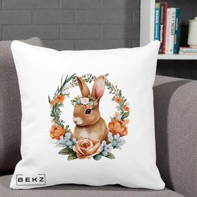 Perna Decorativa Iepuras Floral Coronita Acuarela, 40x40 cm, Alba Mata, Husa Detasabila, Perna Inclusa, BEKZ®