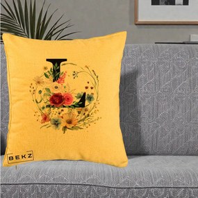 Cadou Personalizat - Perna Personalizata Monogram Litera L cu Flori Acuarela, 40x40 cm, Galben, Husa Detasabila, Perna Inclusa, BEKZ®