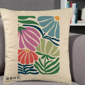 Perna Decorativa Flori Grafice Multicolore Modern, 40x40 cm, Bej, Husa Detasabila, Perna Inclusa, BEKZ®