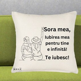Cadou pentru Sora - Perna Personalizata Sora Mea Te Iubesc Line Art Portrete Colorate, 40x40 cm, Crem Reliefat, Husa Detasabila, Perna Inclusa, BEKZ®