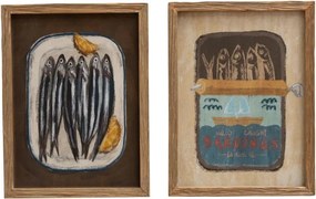 Set 2 tablouri vintage cu sardine din lemn și sticlă, natur, cu ilustrații imprimate pe hârtie, 40x30x2 cm, „Sardine"