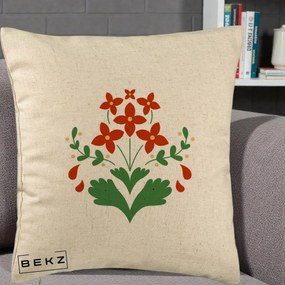 Perna Decorativa Buchet Floral Folk Rosu-Verde, 40x40 cm, Bej, Husa Detasabila, Perna Inclusa, BEKZ®