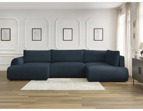 Colțar albastru închis extensibil/cu spațiu de depozitare cu tapițerie din catifea reiată (cu colț pe partea dreaptă/în formă de "U") Lucien – Bobochic Paris