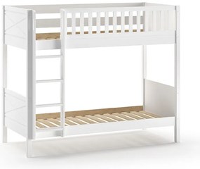 Pat supraetajat pentru copii SCOTT, alb, 90 x 200 cm, din pin scandinav și MDF, cu somiere incluse și 2 sertare pentru depozitare – Vipack