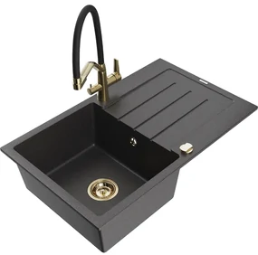 Mexen Bruno chiuvetă de granit cu 1 compartiment cu scurgător și baterie de bucătărie Duo, negru pătat - 6513-76-671701-57-G