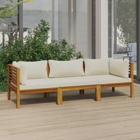 Canapea de grădină cu 3 locuri, perne crem, lemn masiv acacia