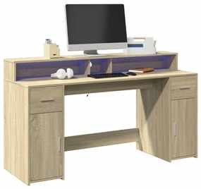 vidaXL Birou cu lumini LED stejar sonoma, 160x55x91 cm, lemn prelucrat