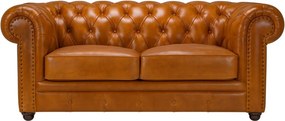 Canapea Chesterfield 2 locuri din piele naturală maro deschis, cu ținte decorative și picioare strunjite negre, 75 x 180 x 97 cm, „Classic Chic”