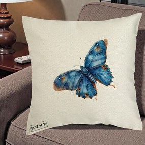 Perna Decorativa Fluture Albastru Satin cu Pete Aurii, 40x40 cm, Ecru, Husa Detasabila, Perna Inclusa, BEKZ®