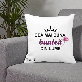 Cadou pentru Bunica - Perna Personalizata Cea Mai Buna Bunica Din Lume Coroana Mov Floare Roz, 40x40 cm, Alba Mata, Husa Detasabila, Perna Inclusa, BEKZ®