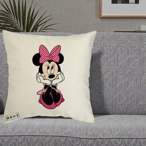 Perna Personalizata Minnie Mouse cu Fundita, 40x40 cm, Ecru, Husa Detasabila, Perna Inclusa, BEKZ®
