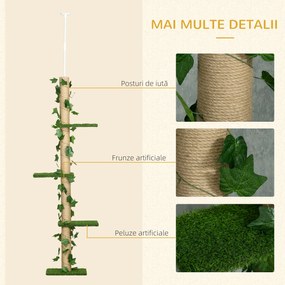 PawHut Stâlp Înalt pentru Pisici cu Tijă de Tensionare din Iută cu Frunze, 37x21x202-242 cm, Verde | Aosom Romania