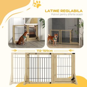 PawHut Gard Extensibil pentru Câini, Gard de Siguranță pentru Animale cu Ușă și 2 Panouri, Picioare Triangulare, 112-159x70 cm, Lemn Natural | Aosom Romania