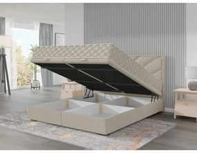 Pat tapițat GINA 160x200 cm, bej, cu saltele incluse și spațiu de depozitare