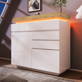 Comodă cu 2 uși &amp; 3 sertare, iluminare LED, dulap multifuncțional pentru living și dormitor, 110x39x115 cm, Alb