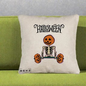 Perna Decorativa Halloween Schelet cu Cap de Dovleac Powerlifting, 40x40 cm, Bej Canapea, Husa Detasabila, Perna Inclusa, BEKZ®