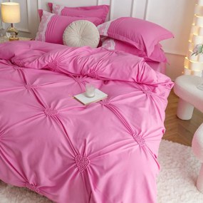 Lenjerie de pat uni cu pliuri si broderie, tesatura tip finet, 6 piese, pat 2 persoane, roz, FNJS-49