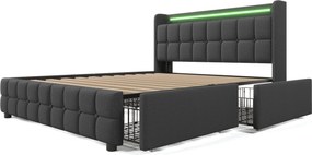 Pat cu tăblie USB și iluminare LED, 4 sertare, structură din lemn, tăblie tapițată, 140x200 cm, Gri