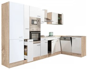 Mobilă de bucătărie de colț Yorki 370, corp din stejar Sonoma, față alb satinat, cu dulap cu raft