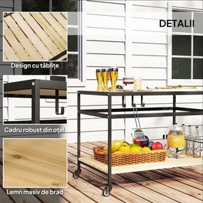 Outsunny Cărucior cu Roți din Lemn cu 2 Rafturi, 3 Cârlige, Blat cu Lamele și Mâner 107x65x80 cm Natural | Aosom Romania