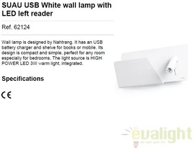 Aplica de perete / Lampa cu reader LED SUAU USB alb dormitor stanga 62124