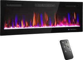 HOMCOM Șemineu Electric de Perete și Încorporabil 3 în 1 cu Design Ultra-Subțire de 9,4 cm, 12 Culori de Flacără 3D și Cristale, 900/1800W, cu Telecomandă, Touchscreen, Timer și Termostat | Aosom Romania