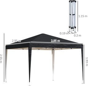 Outsunny Pavilion, 2,95 x 2,95 m pavilion pop-up pliant, pavilion de grădină, cort petrecere, protecție UV, oțel+material Oxford, Negru | Aosom Romania