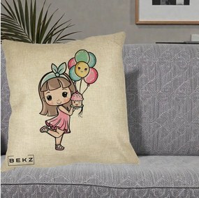 Perna Decorativa Fetita Kawaii cu Baloane si Cupcake, 40x40 cm, Crem, Husa Detasabila, Perna Inclusa, BEKZ®