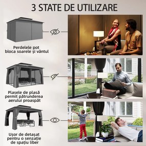 Outsunny Pavilion de Grădină 3,8x3 m cu Perdele, Plasă de Țânțari, Cârlige, Pavilion de Exterior cu Acoperiș Dublu, Orificii de Drenaj, Structură Metalică, pentru Grădină, Terasă, Petreceri, UV30+, Gri Închis | Aosom Romania