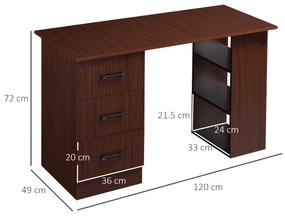 Birou cu 3 sertare si 3 rafturi reversibile, birou din lemn de 120 cm, culoare nuc HOMCOM | Aosom RO