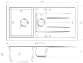 Sapho - Chiuvetă de bucătărie din granit, 100x50 cm, bej