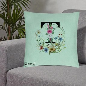 Cadou Personalizat - Perna Personalizata Monogram Litera T cu Flori Acuarela, 40x40 cm, Verde Menta, Husa Detasabila, Perna Inclusa, BEKZ®