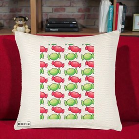 Perna Decorativa Bomboane Craciun Pattern, 40x40 cm, Crem Reliefat, Husa Detasabila, Perna Inclusa, BEKZ®