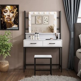 Masuta machiaj cu Oglinda LED si 2 Sertare pentru Cosmetice, Set Masa toaleta 90 cm, Alb, masuta cosmetica, vanity - SEA807
