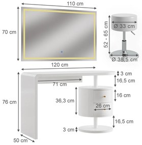 SEA462 - Set Masa toaleta, 120 cm, cosmetica machiaj, oglinda LED, masuta vanity cu sau fara scaun - Alb Lucios