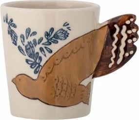 Cană din ceramică bej cu decor pasăre și ramuri pictate manual, mâner în formă de coadă de pasăre, 8x9 cm, "Hezha"