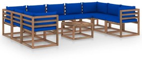 Set mobilier de gradina, 10 piese, cu perne albastre Albastru, 4x colt + 5x mijloc + masa, 1