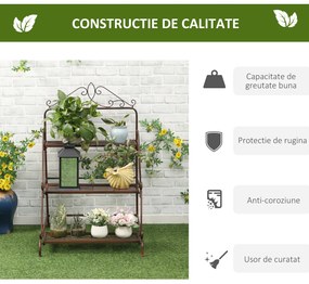 Jardiniera de Exterior Outsunny cu 3 Niveluri pentru Ornamente, Raft pentru Plante de Gradina din Metal, 60,5x59,5x95,5cm, Maro