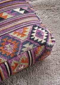 Pouf din iută țesut manual cu model kilim vibrant, 60×60×H20 cm, „Indra"
