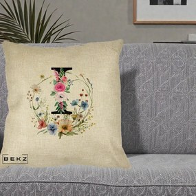 Cadou Personalizat - Perna Personalizata Monogram Litera I cu Flori Acuarela, 40x40 cm, Crem, Husa Detasabila, Perna Inclusa, BEKZ®