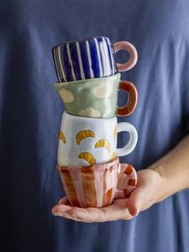 Cană din ceramică artizanală, albastru marin, pictată manual cu croissante, 6x7 cm, 110 ml, „Millie"