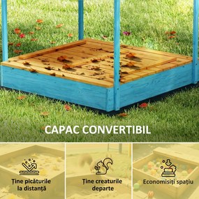 AIYAPLAY Lădiță cu Nisip pentru Copii 3-6 Ani cu Acoperiș Dinosauri, Bănci Pliabile, Capac și Husă Incluse, Lădiță de Nisip din Lemn de Brad, 134,5x127,5x130 cm, Albastru | Aosom Romania