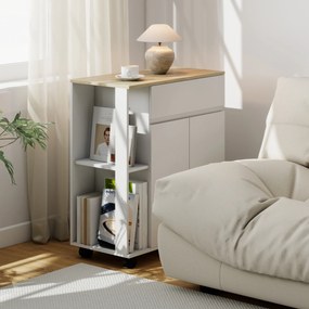 HOMCOM Cărucior Bucătărie, Insulă Bucătărie cu Sertar, Dulap, 2 Rafturi Laterale și Rafturi Reglabile, Cărucior Multifuncțional din Lemn, 78x39,5x88,5 cm, Alb și Stejar | Aosom Romania