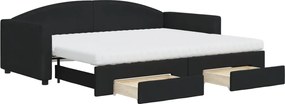 vidaXL Pat de zi cu extensie și sertare, negru, 90x200 cm, textil