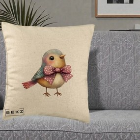 Perna Decorativa Pasare Bleu cu Fundita Roz, 40x40 cm, Bej, Husa Detasabila, Perna Inclusa, BEKZ®