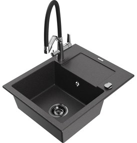 Mexen Enzo chiuvetă de granit cu un compartiment, cu picurător și baterie de bucătărie Duo, Negru cu picățele - 6506-76-671701-0