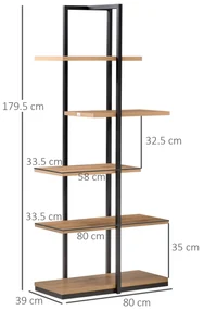 Biblioteca Moderna 5 Rafturi Asimetrice in Stil Industrial, PAL si Metal, 80x39x179.5cm, Maro HOMCOM | Aosom Romania
