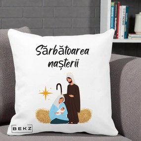 Perna Decorativa Nasterea Domnului Sfanta Familie Sarbatoarea Nasterii, 40x40 cm, Alba Mata, Husa Detasabila, Perna Inclusa, BEKZ®