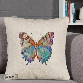 Perna Decorativa Fluture Acuarela Multicolor Portocaliu-Bleu-Mov, 40x40 cm, Bej Canapea, Husa Detasabila, Perna Inclusa, BEKZ®