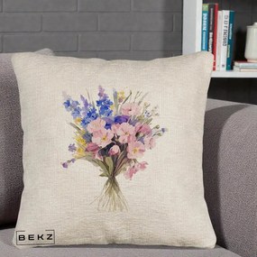 Perna Decorativa Buchet Floral Acuarela Primavara, 40x40 cm, Bej Canapea, Husa Detasabila, Perna Inclusa, BEKZ®